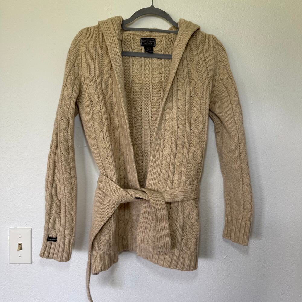 Abercrombie & Fitch Y2K Wool Cable Knit Belted Hooded Cardigan Tan Sz M Neutral - Picture 1 of 8